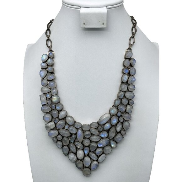 Vintage Signed 925 Moonstone Bib Necklace Statement Piece - Picture 1 of 16